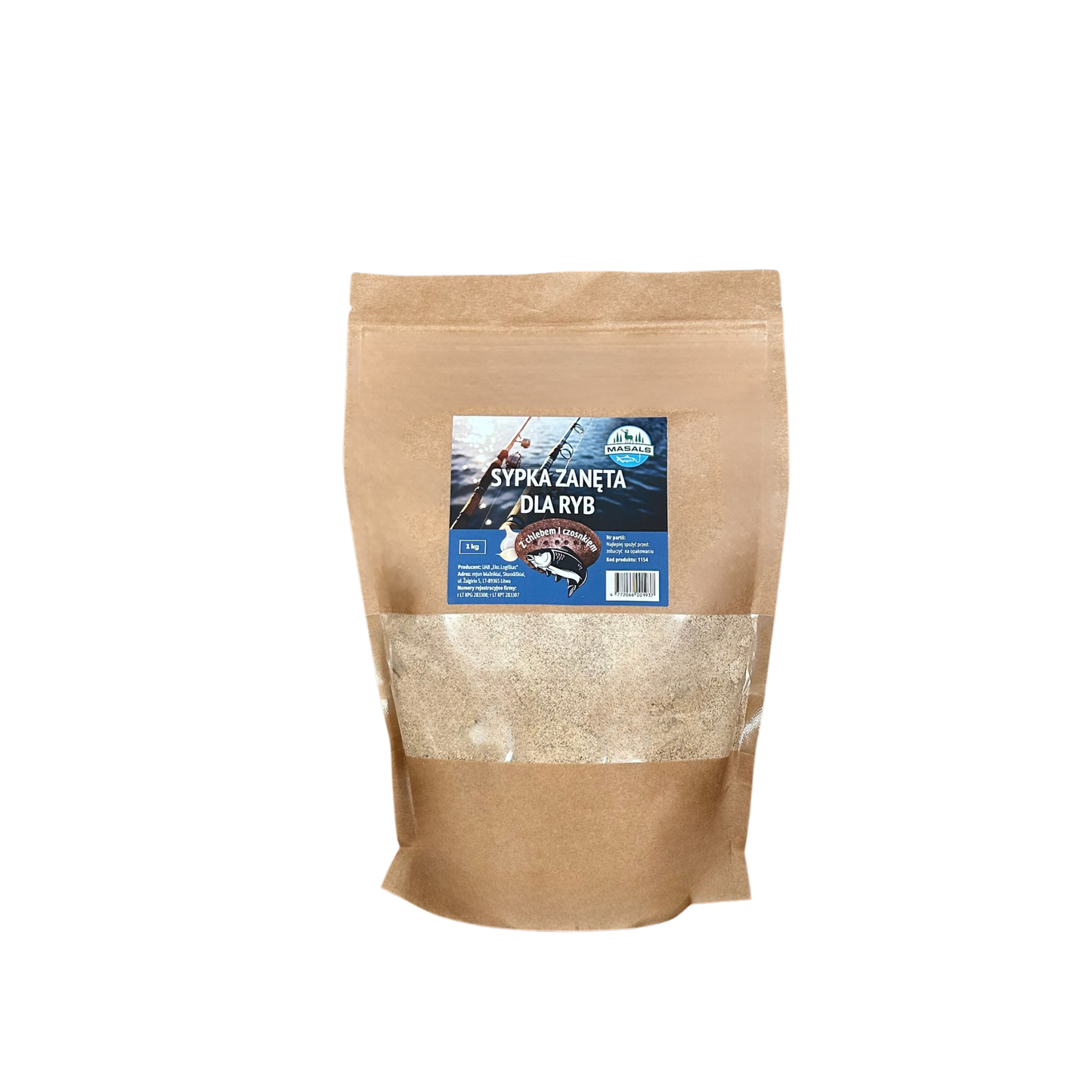 Bag of Masals fish bait with bread and garlic, 1 kg, showing the colorful packaging and bait ingredients for freshwater fishing.