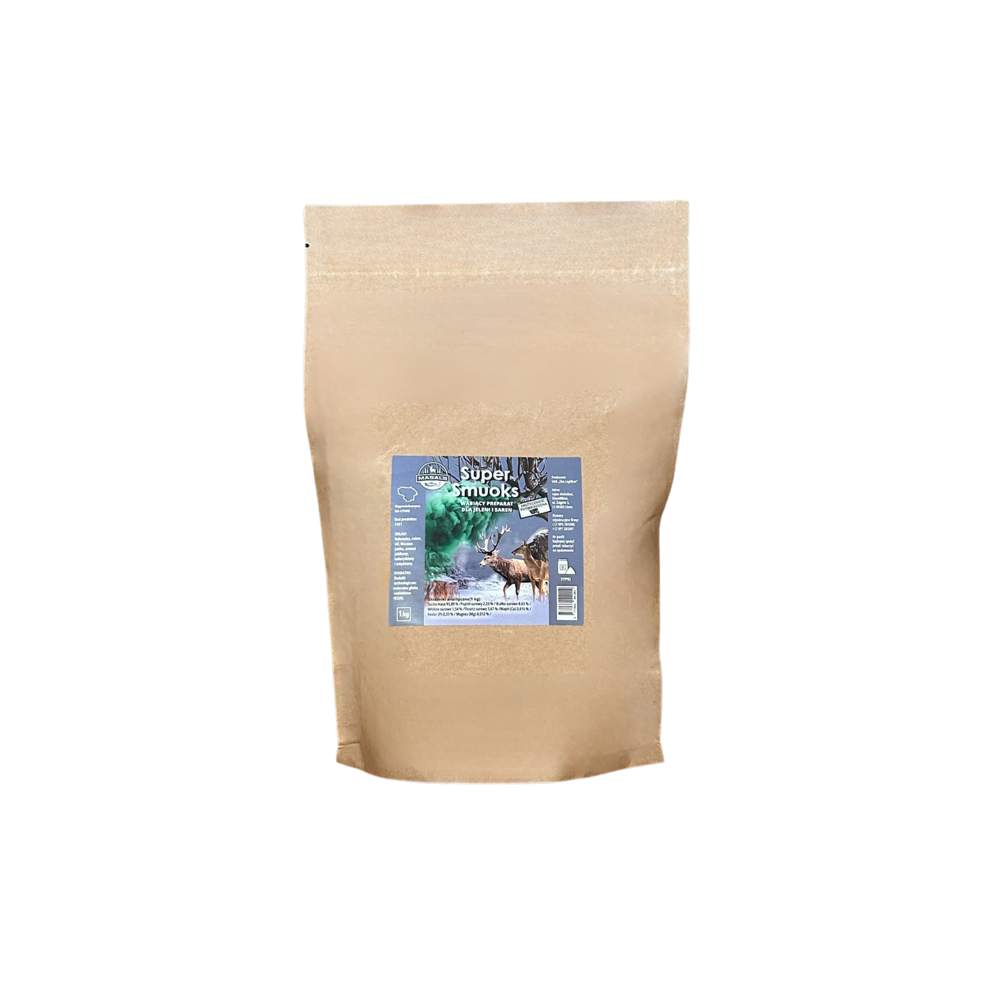 Bag of Masals SuperSmuoks deer and elk scent lure, 1 kg, featuring natural ingredients used for hunting or wildlife attracting.