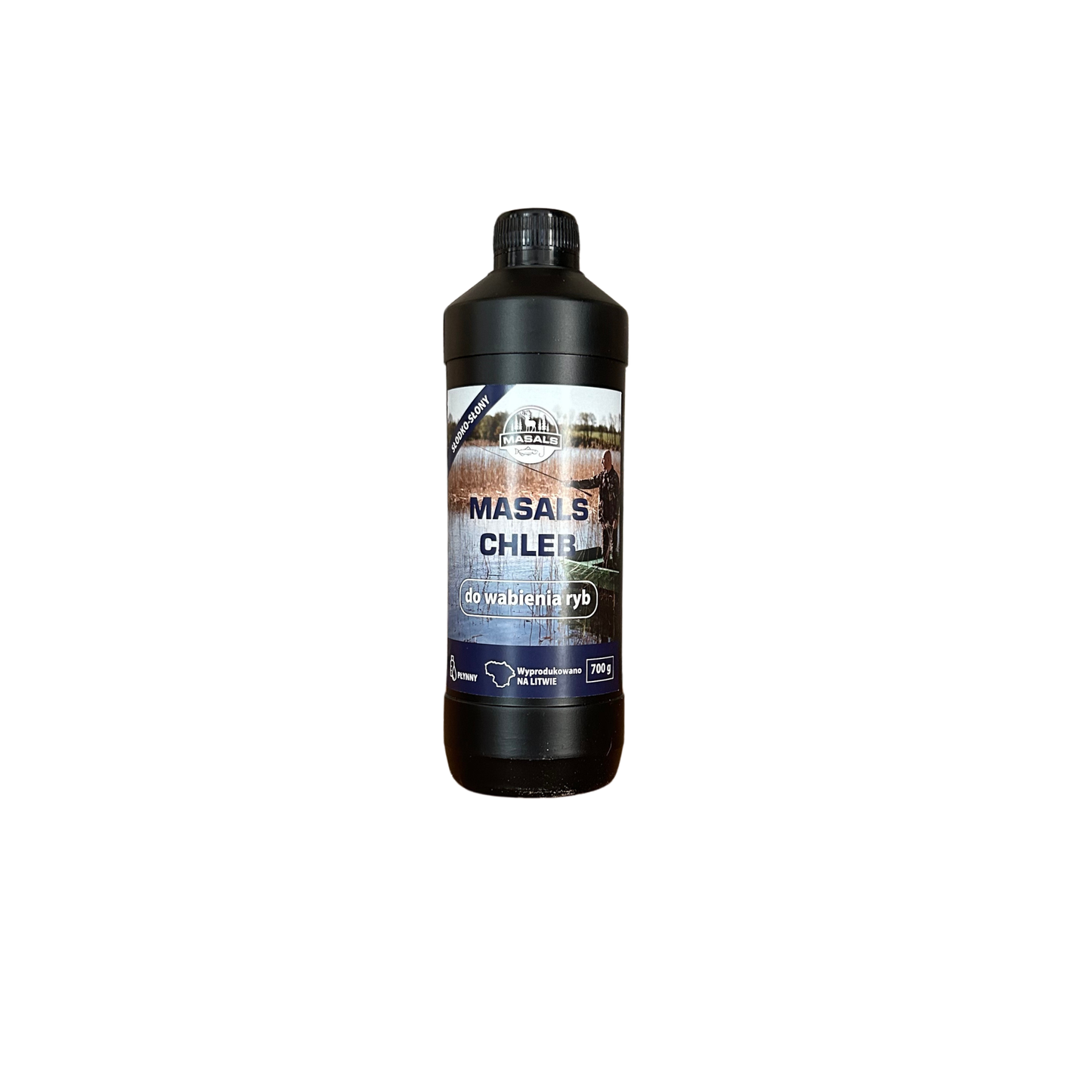 Masals Chleb liquid bait for fishing, showing a colorful bottle of Masals fish attractant with a fish illustration on the label