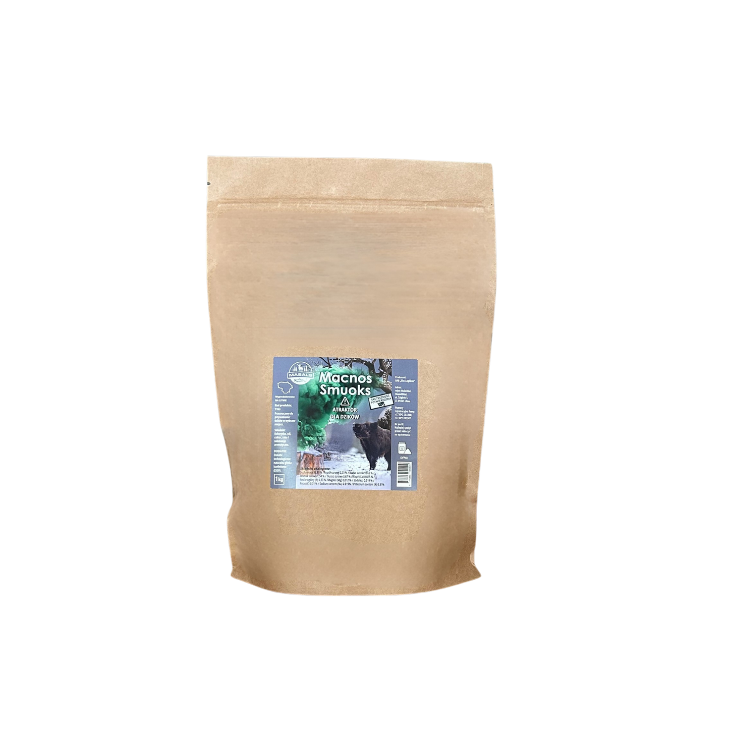 Masals Wabik na dziki MacnosSmuoks 1 kg bait in a bag, designed for hunting wild boars, featuring a textured, dark-colored packaging.