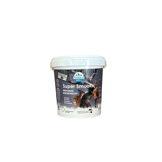 SuperSmuoks Masals intensively scented animal lure for rubbing, 1.5 kg, shown in the image with the product container.