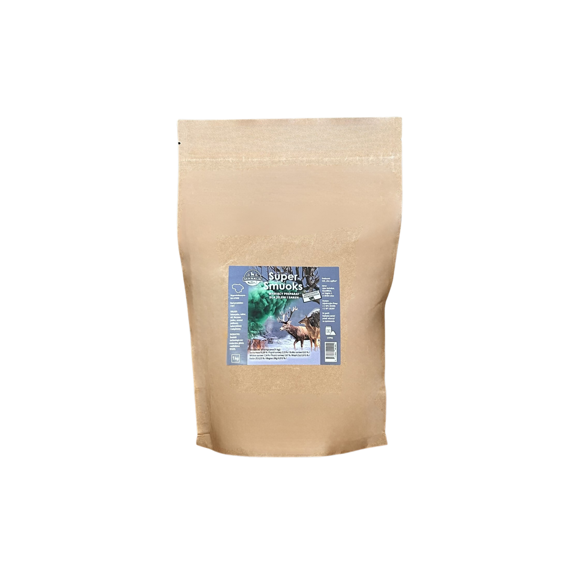 Bag of Masals SuperSmuoks deer and elk scent lure, 1 kg, featuring natural ingredients used for hunting or wildlife attracting.