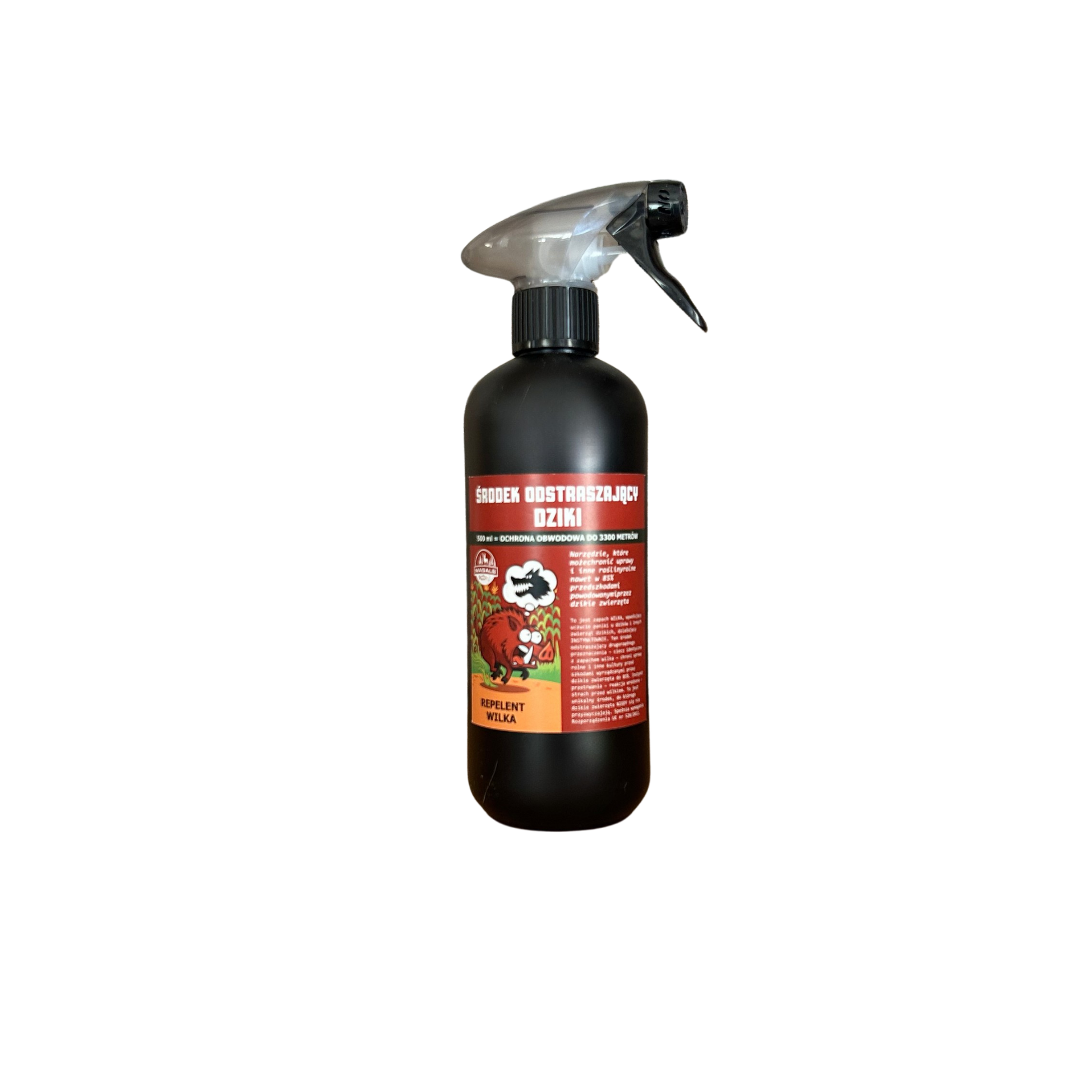 Bottle of Masals wild boar repellent spray, 500 ml, showing label and spray nozzle for deterring wild game.