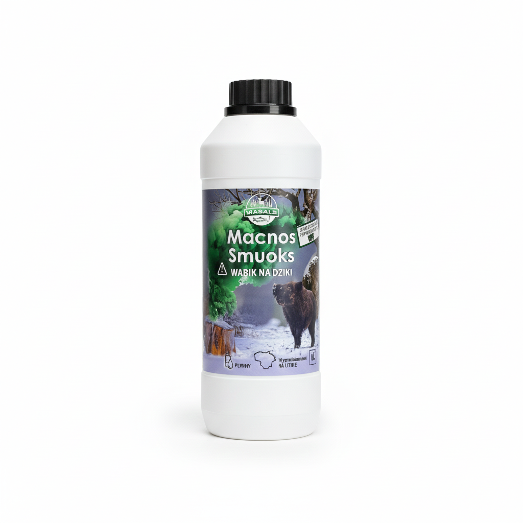 Liquid bait for wild animals like deer and boars, branded Masals MacnosSmuoks, in a 1-liter bottle.