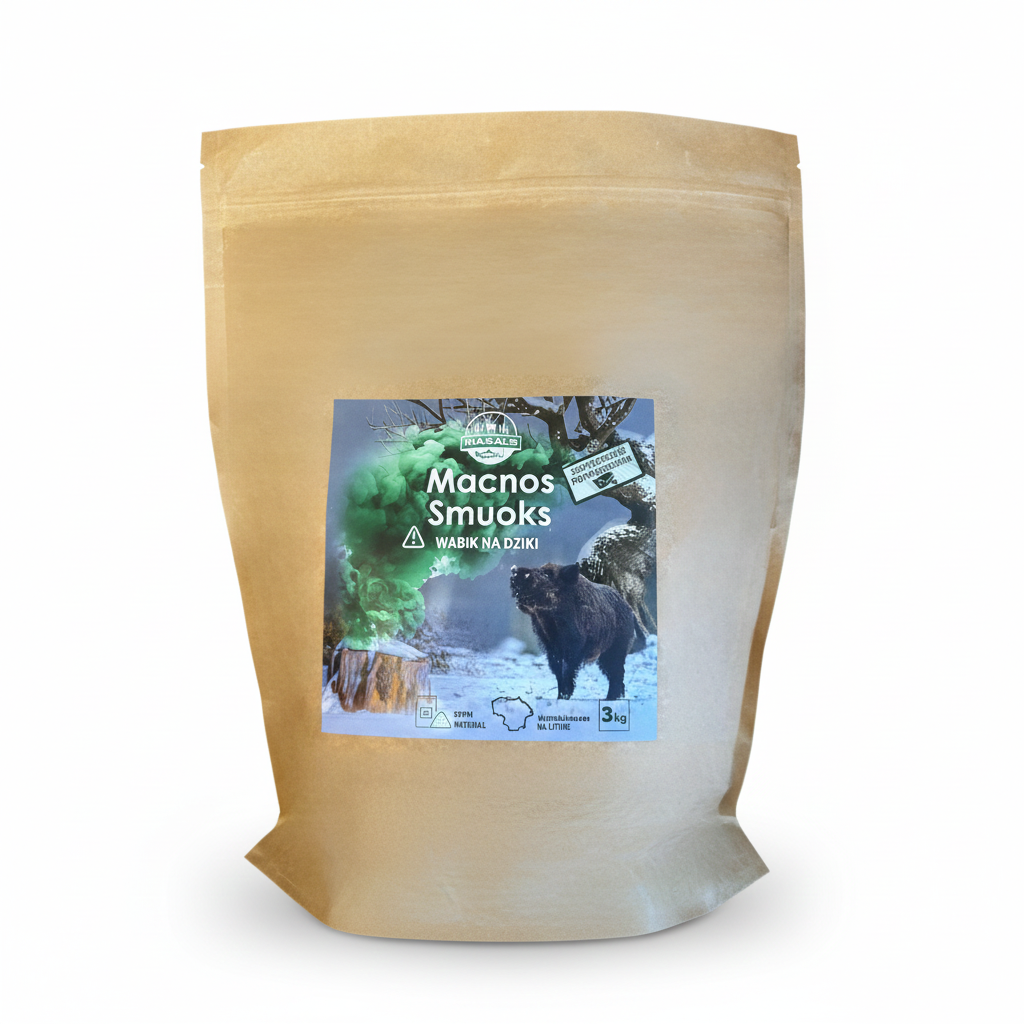 Masals MacnosSmuoks wild boar bait, 3 kg, showing the granular, smoky scent bait for wild animals like boars, deer, and roe deer.