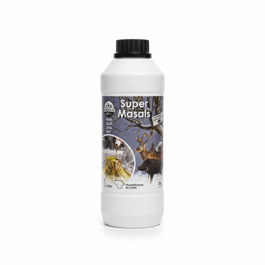 Liquid bait for wild boar, deer, and roe deer by Masals, 1-liter bottle, with natural scent attractants for game hunting.