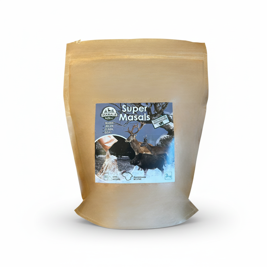 SuperMasals wild game bait mix in a 3 kg bag, designed for attracting wild boars, deer, and roe deer.