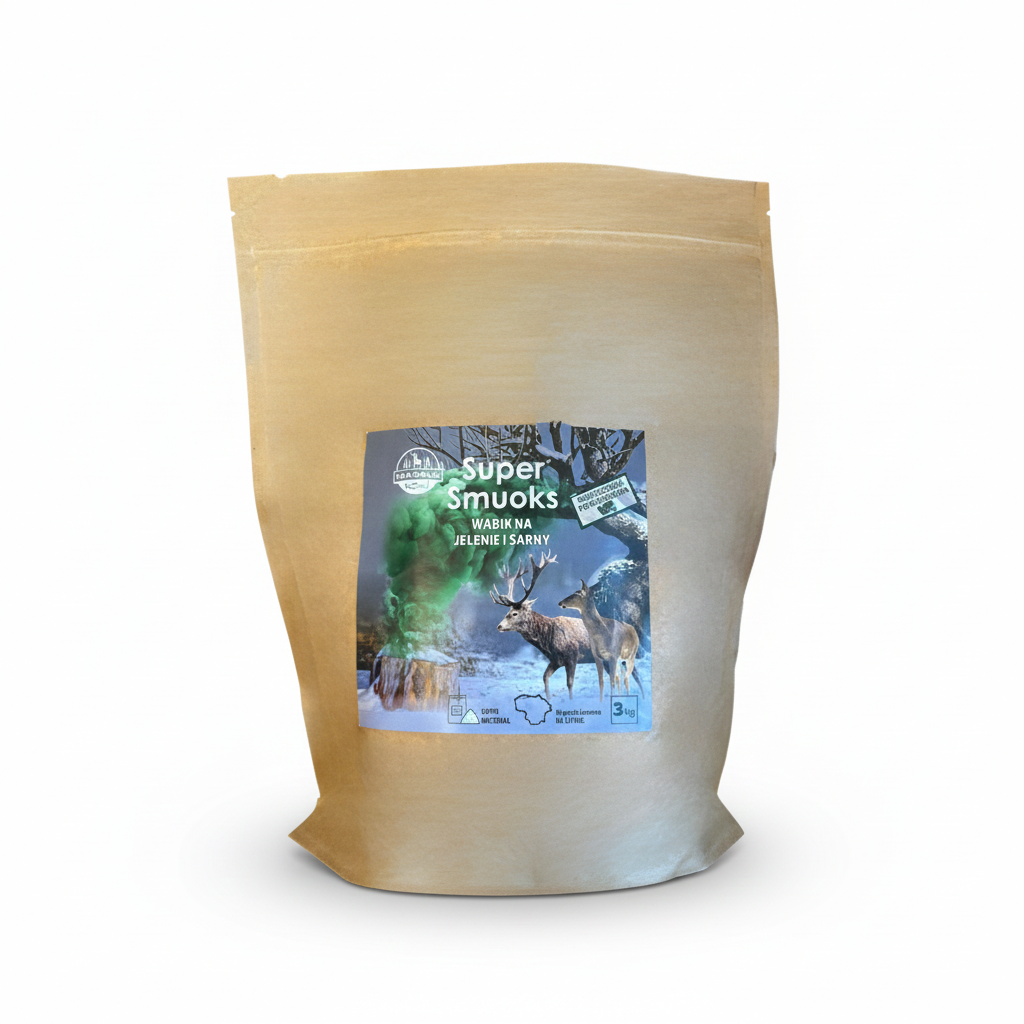 SuperSmuoks deer and moose bait mix by Masals, showing a 3 kg bag of loose wild animal attractant with images of deer and moose.