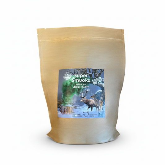 SuperSmuoks deer and moose bait mix by Masals, showing a 3 kg bag of loose wild animal attractant with images of deer and moose.